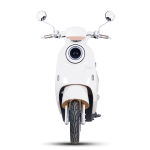 Modern white scooter with sleek design, featuring a large front headlight and rearview mirrors, ideal for city commuting and eco-friendly transportation.