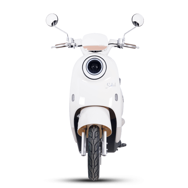 Modern white scooter with sleek design, featuring a large front headlight and rearview mirrors, ideal for city commuting and eco-friendly transportation.