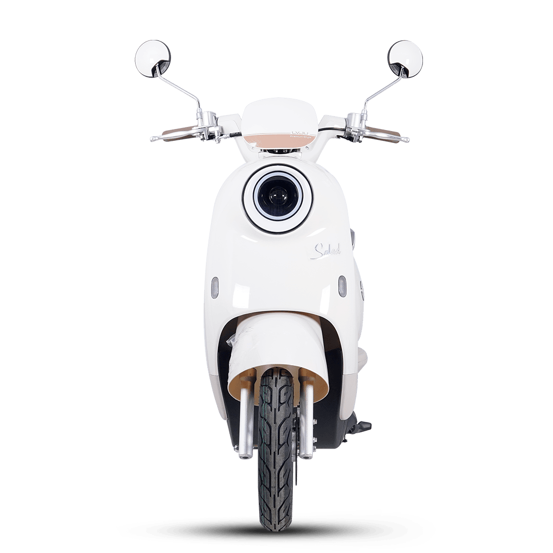 Modern white scooter with sleek design, featuring a large front headlight and rearview mirrors, ideal for city commuting and eco-friendly transportation.