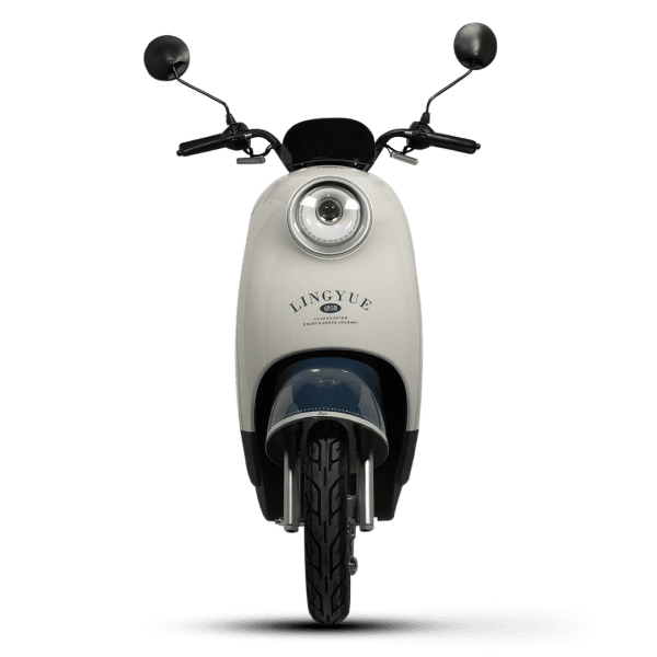 Modern LingYue electric scooter with sleek design, front view, ideal for city travel, featuring a comfortable seat, handlebars, and advanced features for eco-friendly transportation.