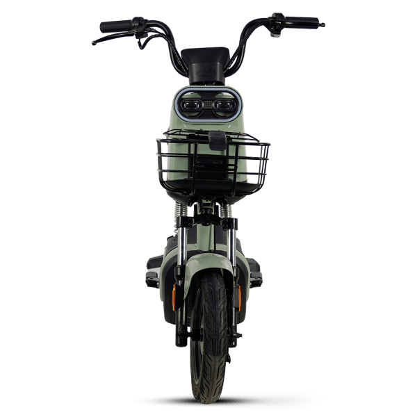 Electric scooter with front basket, ideal for city travel, featuring a sleek design and eco-friendly motor for efficient transportation.
