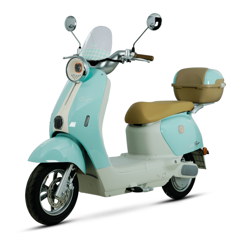 Electric scooter with storage box, ideal for city travel and eco-friendly transportation. Features a sleek design, comfortable seat, and practical storage, perfect for daily errands and short trips.