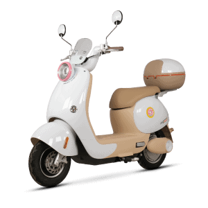 A modern white and beige scooter equipped with a large rear delivery box, ideal for efficient e-commerce and food delivery services.