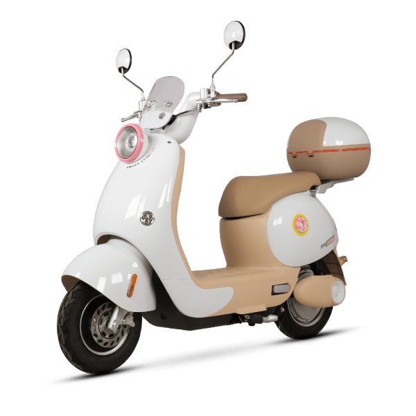 A modern white and beige scooter equipped with a large rear delivery box, ideal for efficient e-commerce and food delivery services.