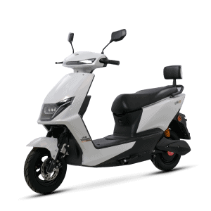 An eco-friendly electric scooter designed for city travel, featuring a sleek white and black body, comfortable seat, and modern handlebars, ideal for eco-conscious commuters.