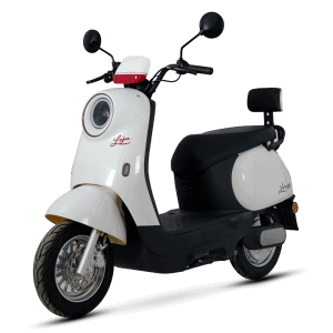 Electric scooter with a sleek white and black design, ideal for city travel and eco-conscious transportation. Features comfortable seating, modern handlebars, and efficient battery performance.