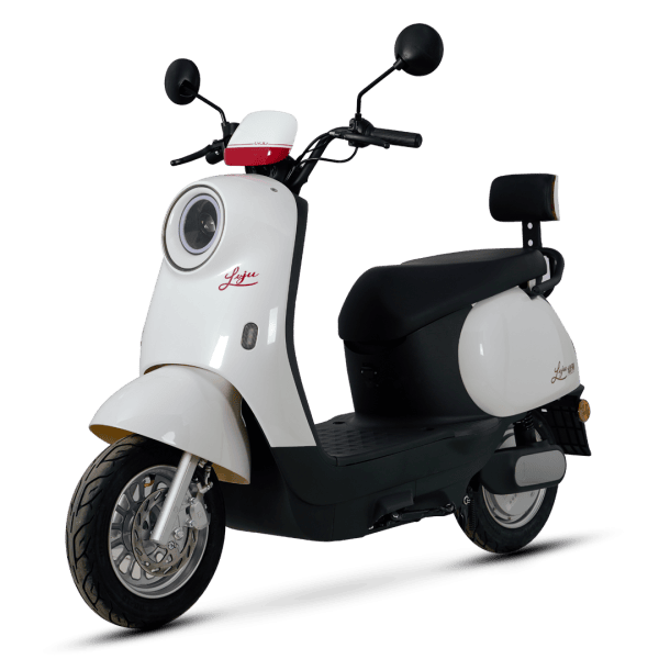 Electric scooter with a sleek white and black design, ideal for city travel and eco-conscious transportation. Features comfortable seating, modern handlebars, and efficient battery performance.