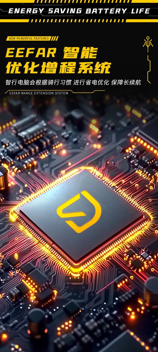 Close-up of Eefar smart battery extension system chip on circuit board, highlighting advanced energy-saving technology for electric bikes and vehicles.