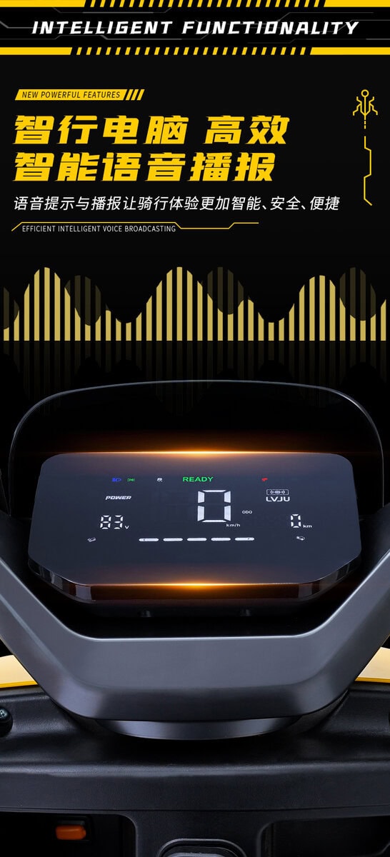 Close-up of a smart bike dashboard showing speed, battery level, and performance metrics, emphasizing intelligent functionality for enhanced cycling experience.
