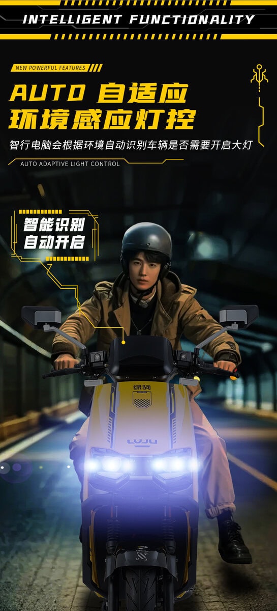 E-bike rider with auto adaptive lighting system, enhancing visibility and safety in various environments, showcasing advanced smart lighting technology for electric bikes.
