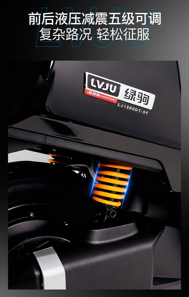 Close-up of an electric bike suspension system with a bright yellow coil spring and digital display, highlighting advanced shock absorption technology for enhanced ride comfort.