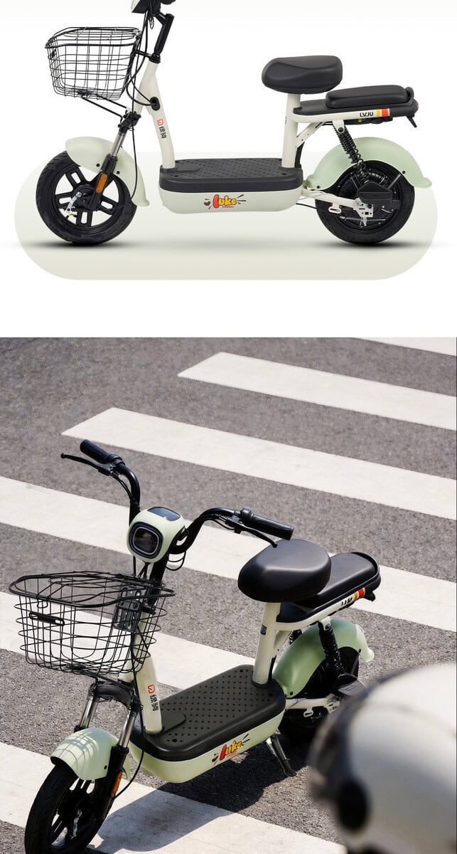 Electric scooter with basket, ideal for city commuting and eco-conscious transportation solutions. Features lightweight design, comfortable seat, and durable build for daily use.