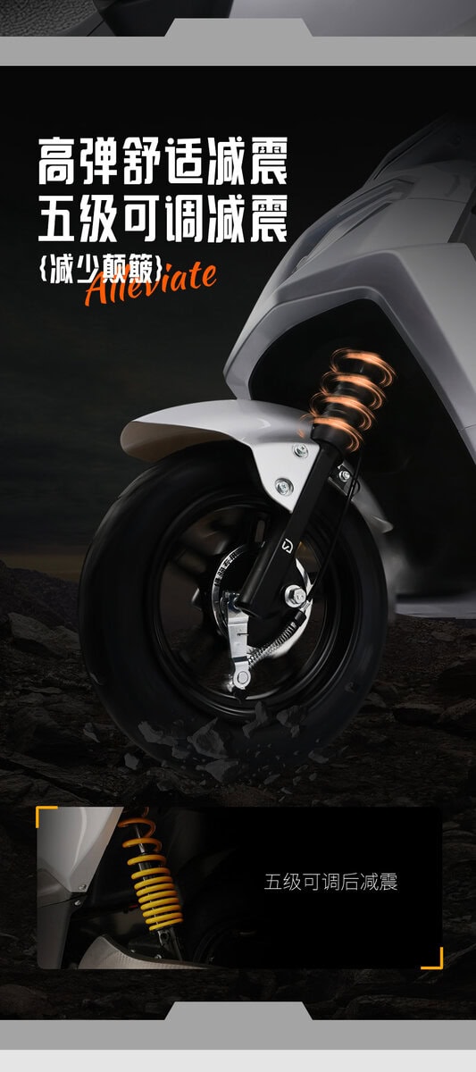 Close-up of an electric scooter's front suspension system with a coil spring, highlighting advanced shock absorption technology for smooth rides.