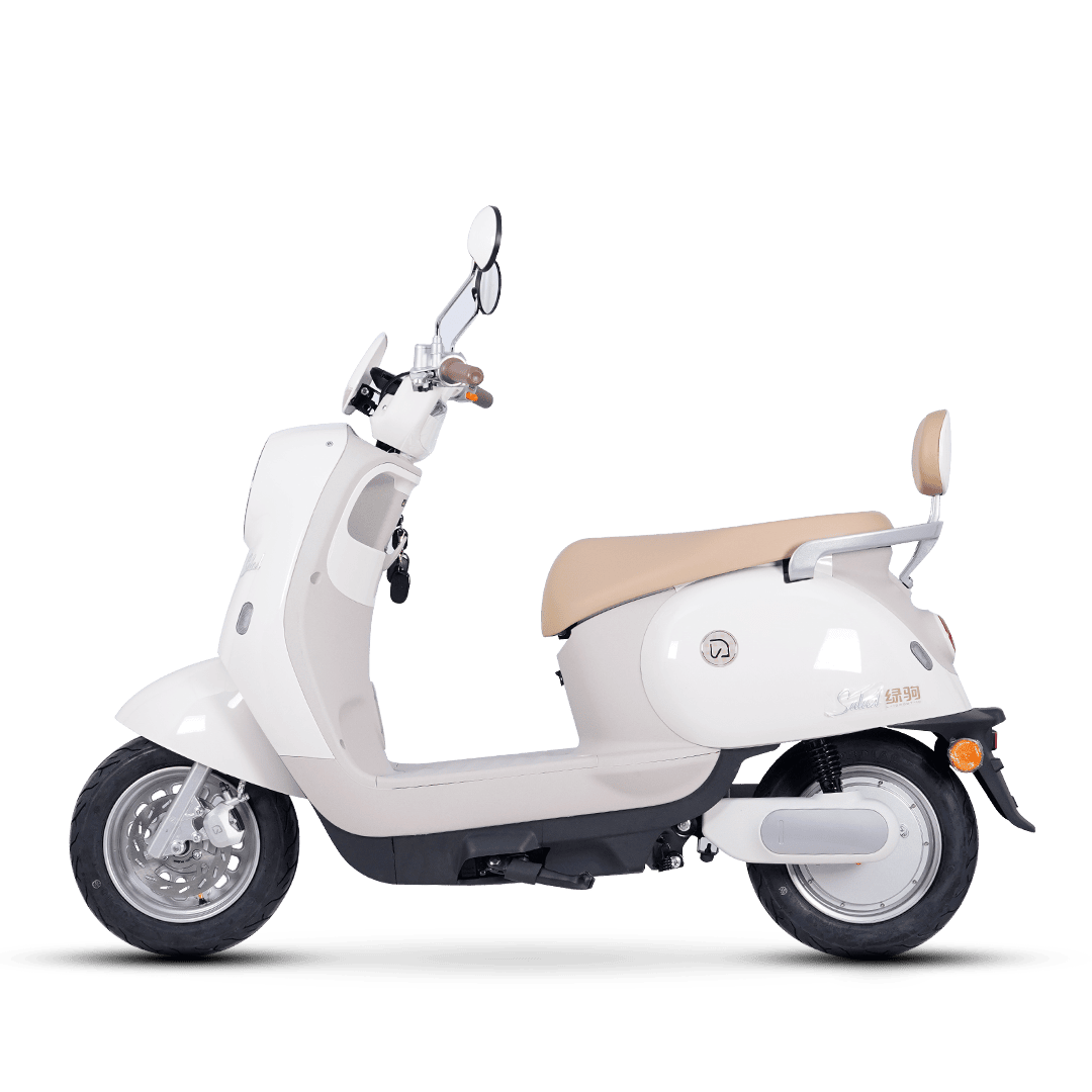 Electric scooter with a sleek white design, beige seat, and modern features ideal for city commuting and eco-conscious transportation.