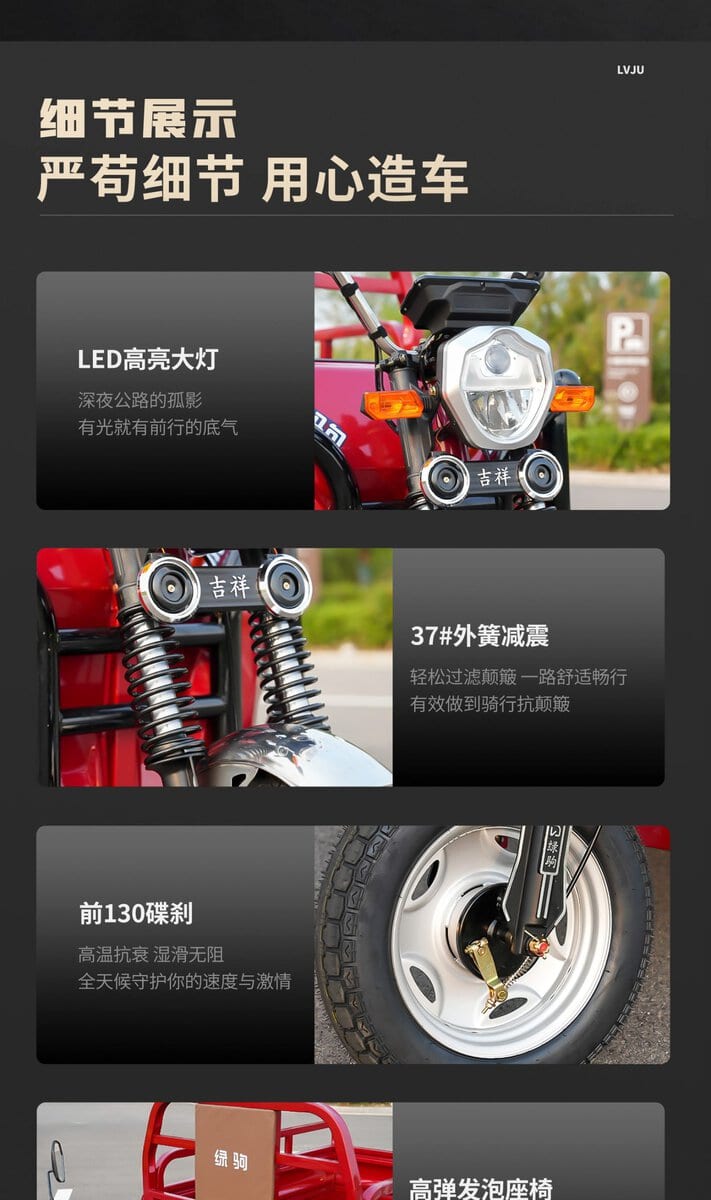 Close-up of an electric bike's front headlight, suspension, tire, and foot pedal, highlighting detailed components and craftsmanship.